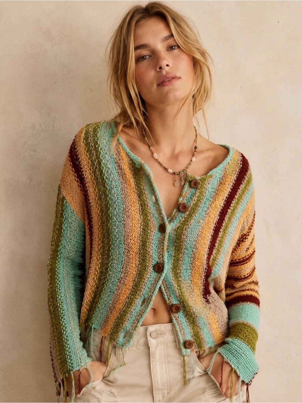 Striped Multicolor Knit Button-Front Sweater
